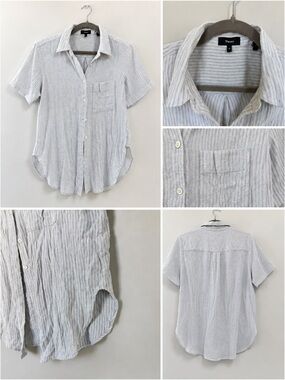 Theory Striped Linen Blend Short Sleeve Button Down Shirt Size M